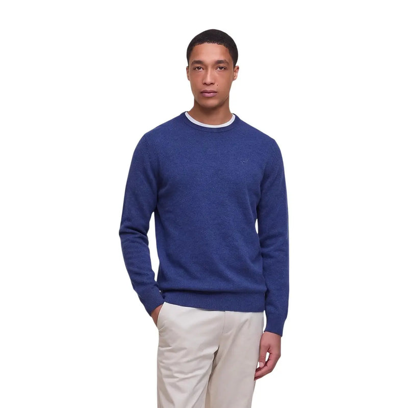 Barbour wool sweater for men in blue with white ribbed collar and cuffs, front view