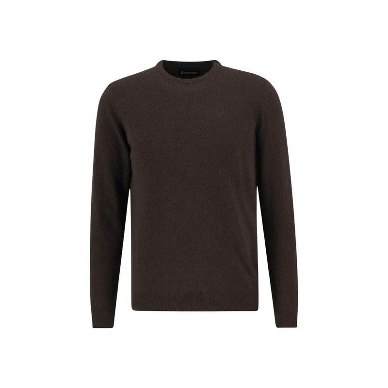 Barbour wool sweater for men in dark brown with fine knit texture and ribbed cuffs and hem, front view