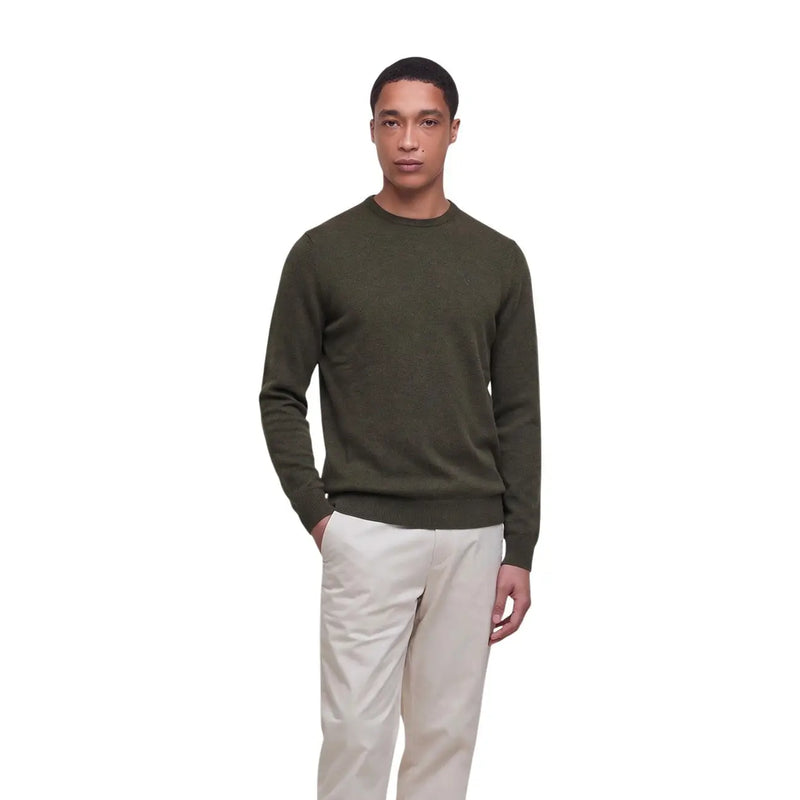 Barbour wool sweater for men in olive green with crewneck collar, front view