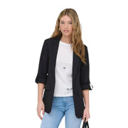 Beige blazer suit with black blazer, rolled sleeves, bow embroidery on white tee