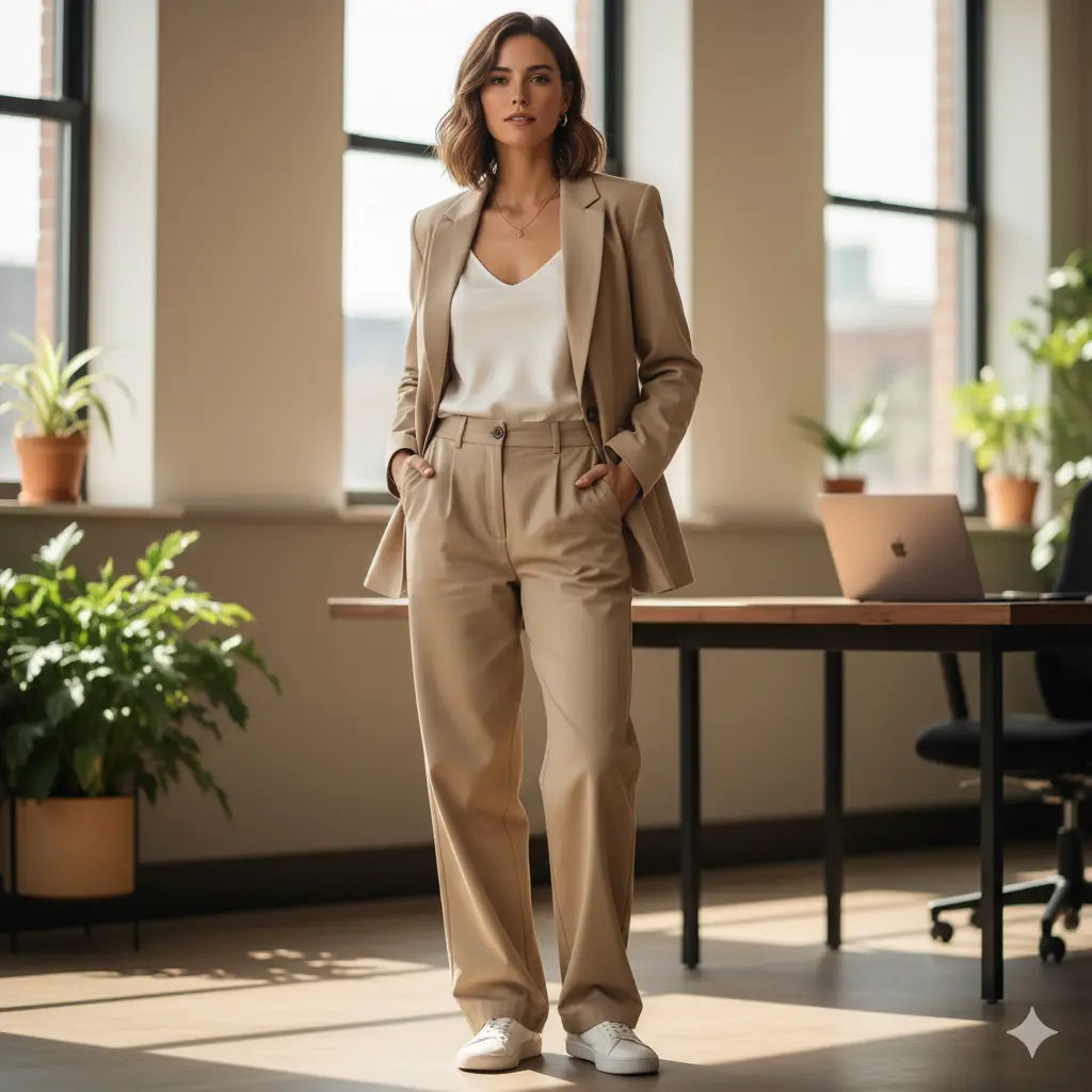 Blazer beige, débardeur blanc top, et un pantalon kaki pour un vendredi décontracté