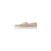 Beige boat shoe with white sole and white laces displayed in product listing
