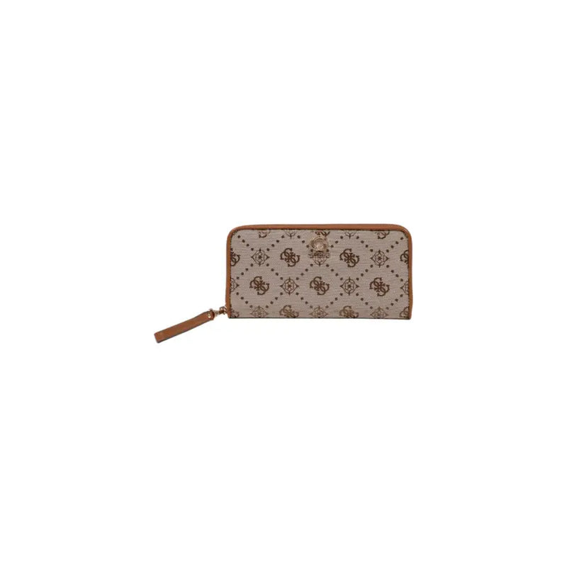 Beige and brown patterned wallet with wrist strap designed for practicality and style
