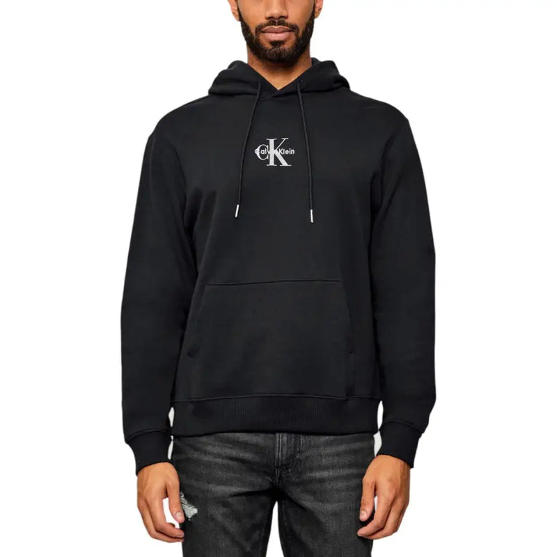 Black men’s hooded sweatshirt with white embroidered logo and front kangaroo pocket