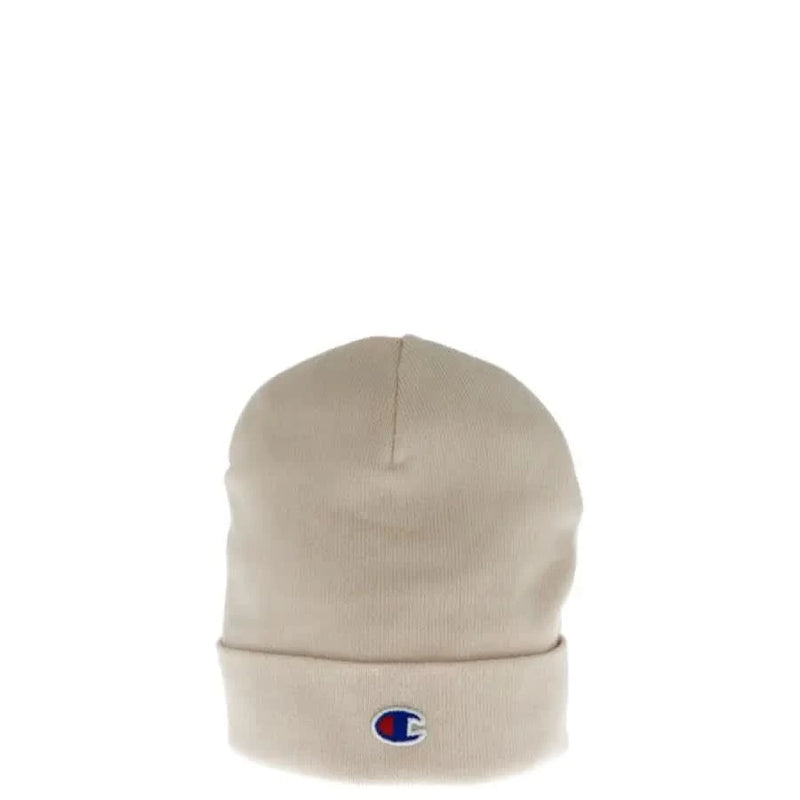 Beige Champion beanie displayed with Champion Women’s Pink Cap in 100% Polyester