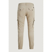 Beige cotton Jack & Jones mens cargo trousers with elastic cuffs and buttoned back pockets shown from the back side