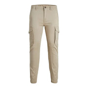 Beige cotton jack & jones mens cargo pants with elastic cuffs and side pockets for casual wear