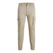 Beige cotton jack & jones mens cargo pants with elastic cuffs and side pockets for casual wear