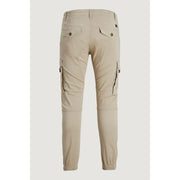 Beige cotton Jack & Jones mens cargo trousers with elastic cuffs and buttoned back pockets shown from the back side