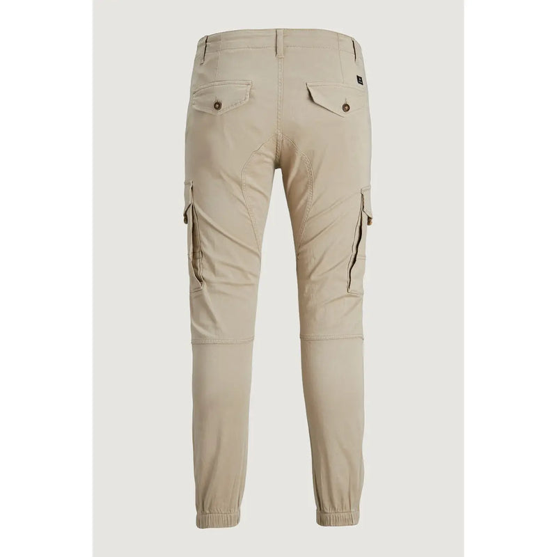 Beige cotton Jack & Jones mens cargo trousers with elastic cuffs and buttoned back pockets shown from the back side