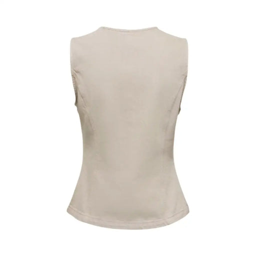 Beige cotton sleeveless button front gilet for women with a fitted slightly flared silhouette