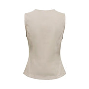 Beige, ärmellose, figurbetonte, ausgestellte Baumwollweste für Damen mit Knopfleiste.