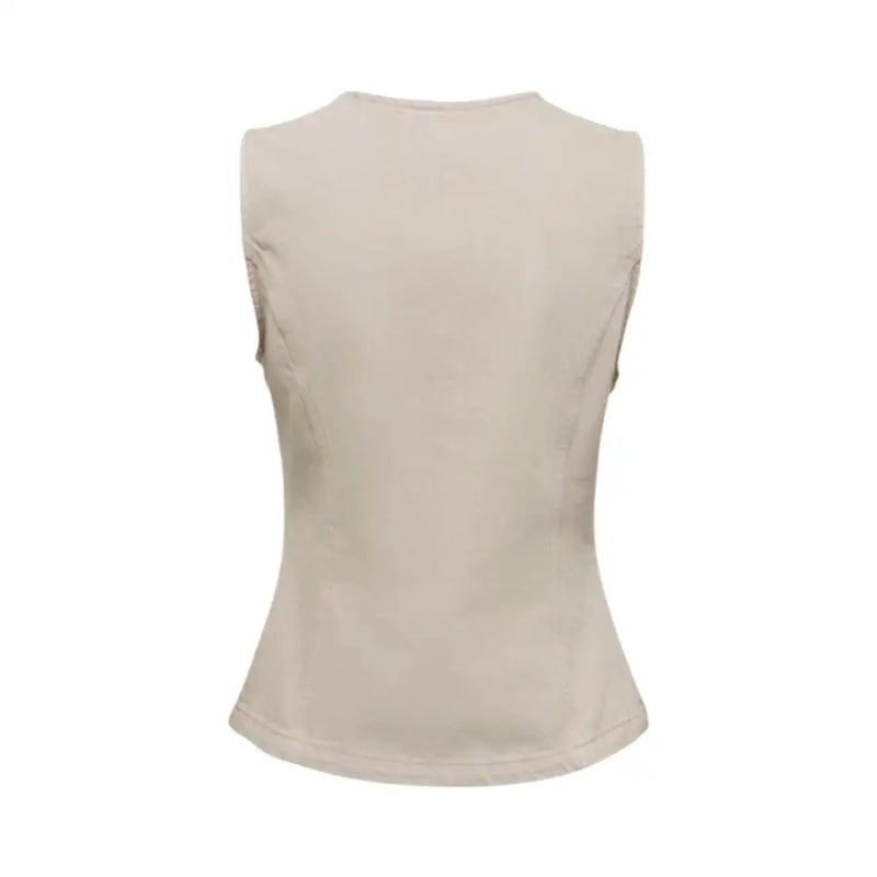 Beige, ärmellose, figurbetonte, ausgestellte Baumwollweste für Damen mit Knopfleiste.