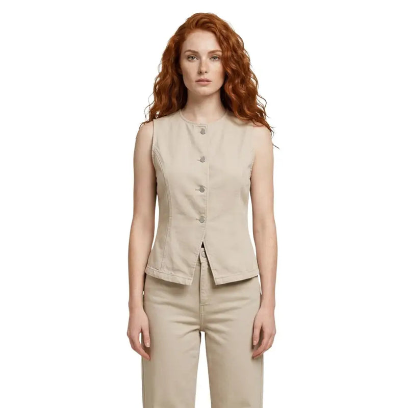 Beige, ärmellose, figurbetonte Baumwollweste für Damen mit Knopfleiste, taillierter Schnitt
