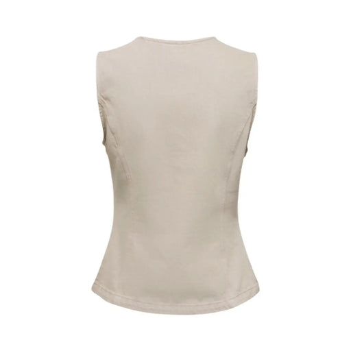 Beige cotton sleeveless button front gilet for women with a fitted slightly flared silhouette