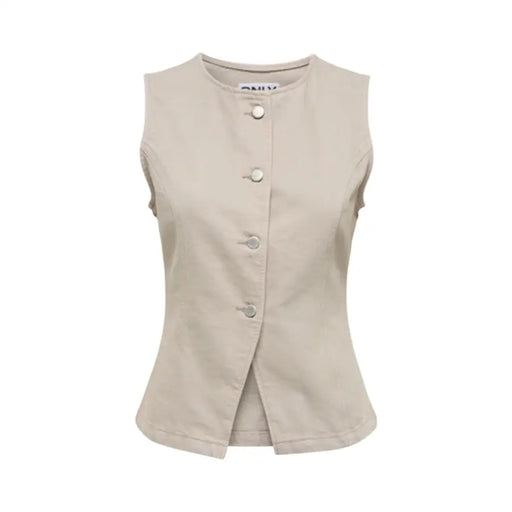 Beige cotton sleeveless button front gilet for women with matching buttons and a subtle peplum hem