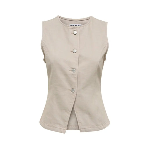 Beige cotton sleeveless button front gilet for women with matching buttons and a subtle peplum hem