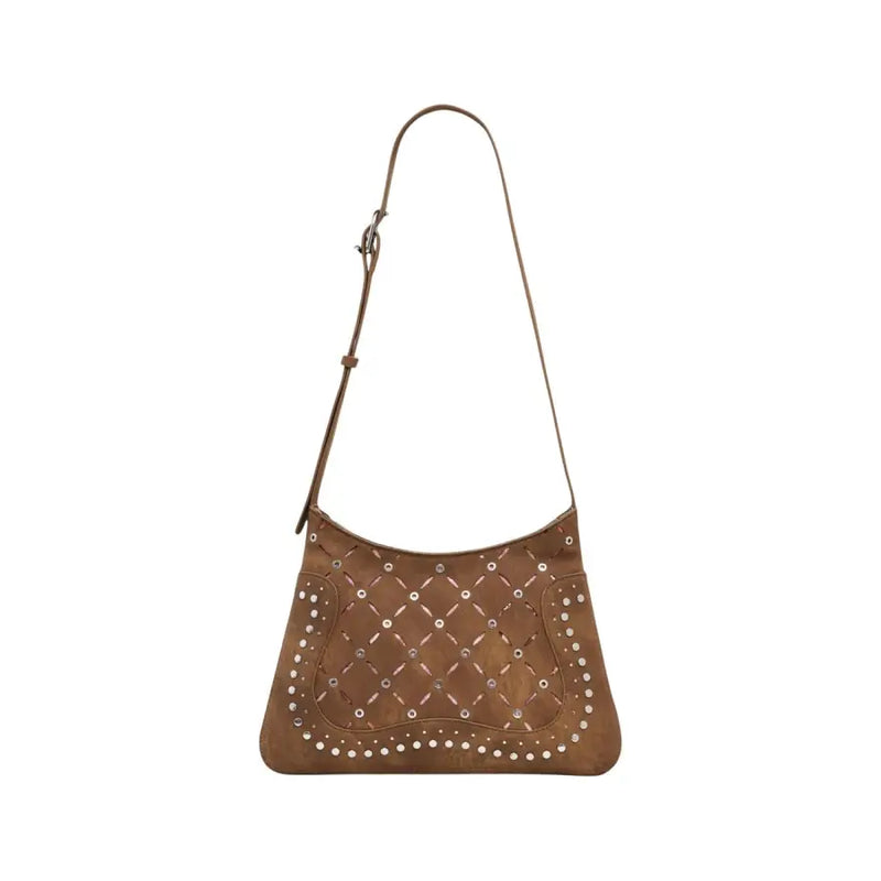 Brown suede shoulder bag with intricate stud detailing, matching Beige Desigual Women Bag