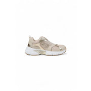 Beige and gold metallic women’s athletic slip-on sneakers with thick white sole