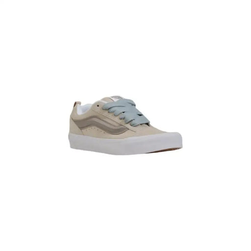 Beige and gray Vans sneaker with blue laces displayed in the product Beige and Gray Vans Sneaker