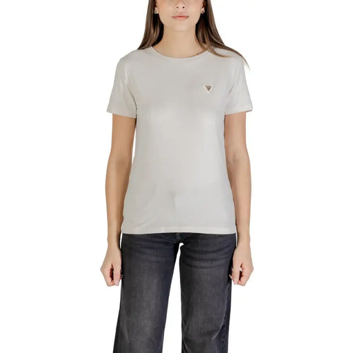 Light gray Guess Active womens round neck t-shirt with subtle triangular logo