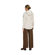 Beige hooded zip blazer for women with pockets featuring a cream-colored sleek design and subtle sleeve branding