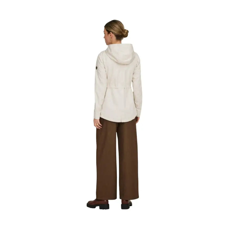 Beige hooded zip blazer for women with pockets featuring a cream-colored sleek design and subtle sleeve branding