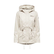 Beige hooded zip blazer for women with drawstring waist and side pockets made from lightweight fabric