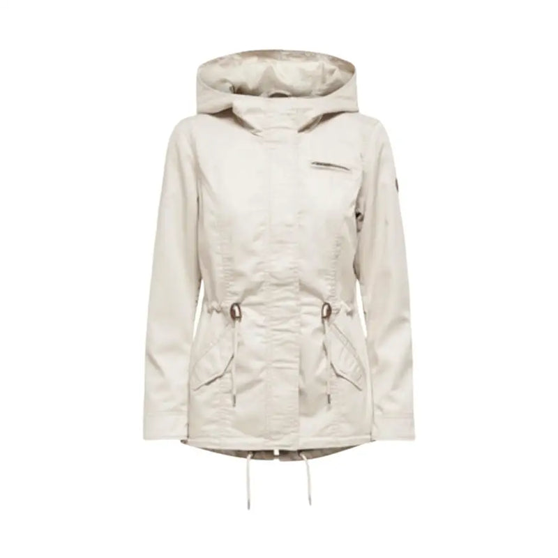 Beige hooded zip blazer for women with drawstring waist and side pockets made from lightweight fabric
