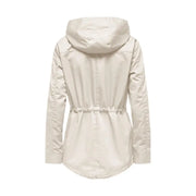 Beige hooded zip blazer for women with drawstring waist pockets and subtle stitching details in trench coat style