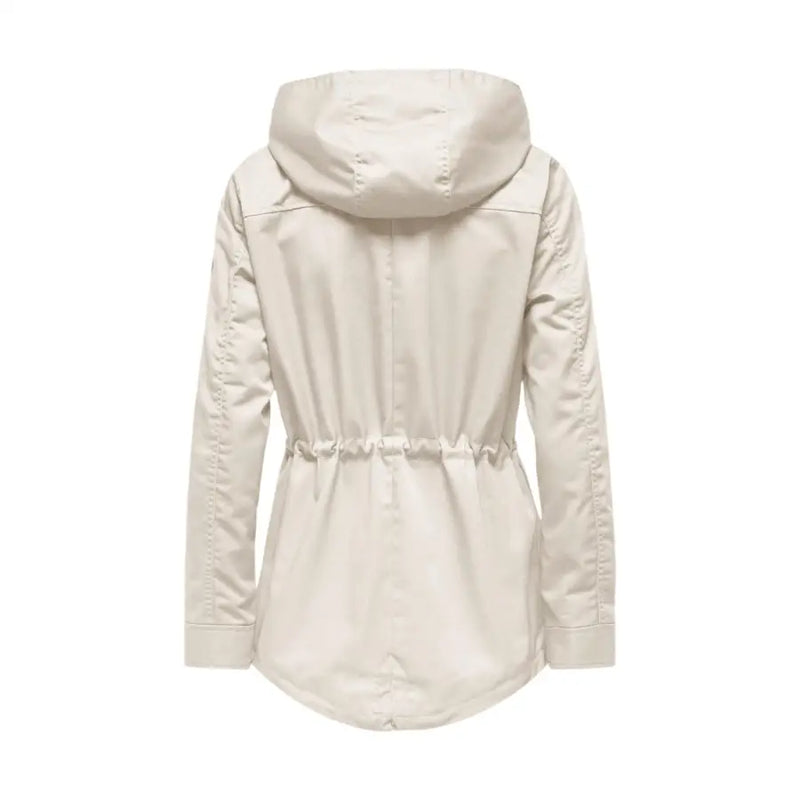 Beige hooded zip blazer for women with drawstring waist pockets and subtle stitching details in trench coat style