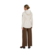 Beige hooded zip blazer for women with pockets featuring a cream-colored sleek design and subtle sleeve branding