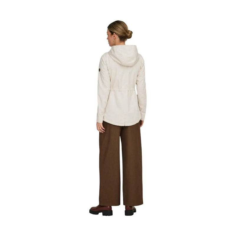 Beige hooded zip blazer for women with pockets featuring a cream-colored sleek design and subtle sleeve branding
