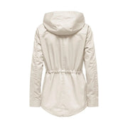 Beige hooded zip blazer for women with drawstring waist pockets and subtle stitching details in trench coat style