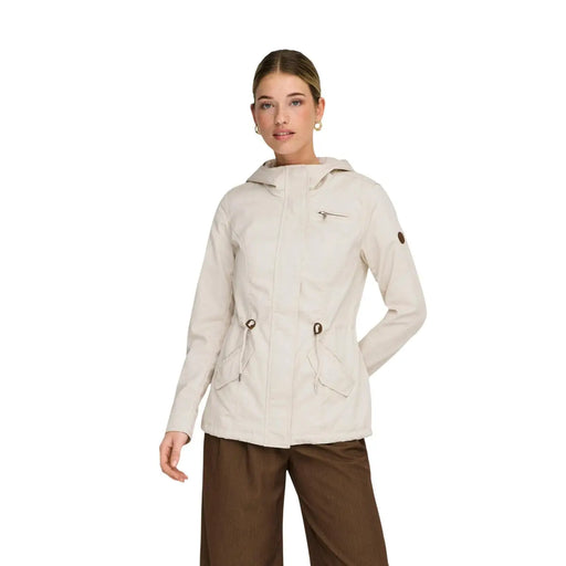 Beige womens waterproof hooded zip blazer with drawstring pockets