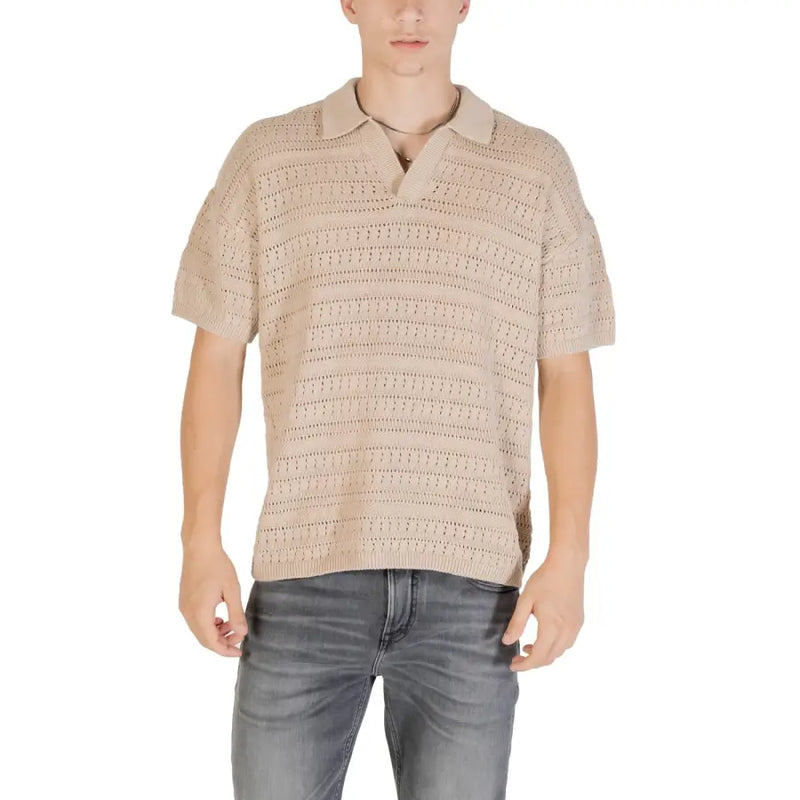 Beige knit polo shirt displayed in a product named Black Knit Polo Shirt