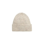 Beige knitted beanie featuring a stylish black patch for casual wear
