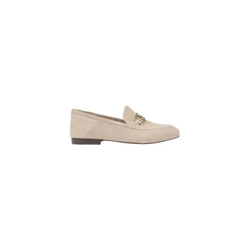 Beigefarbene Lederslipper mit goldfarbenen Beschlägen von Guess Schwarze Mokassin-Ballerinas aus Leder für Damen