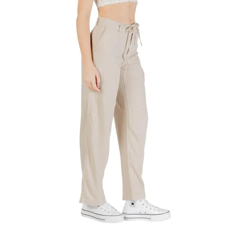 Beige linen viscose high-waisted drawstring trousers for women