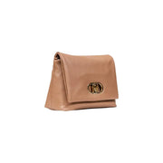 Shiny light brown rectangular Liu Jo clutch with gold turn-lock closure and interior pocket