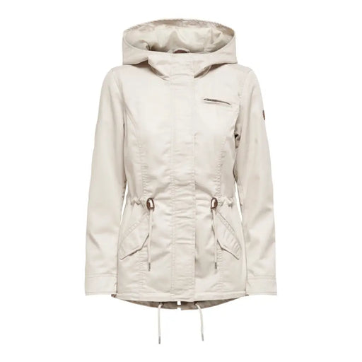 Light beige hooded parka jacket with drawstrings at waist and hem for women