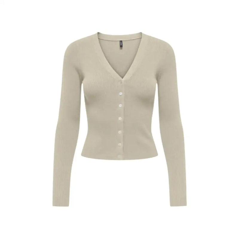 Beige long sleeve v neck button cardigan for women made of ribbed knit material with a button front closure