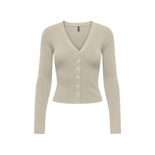 Beige long sleeve v neck button cardigan for women made of ribbed knit material with a button front closure