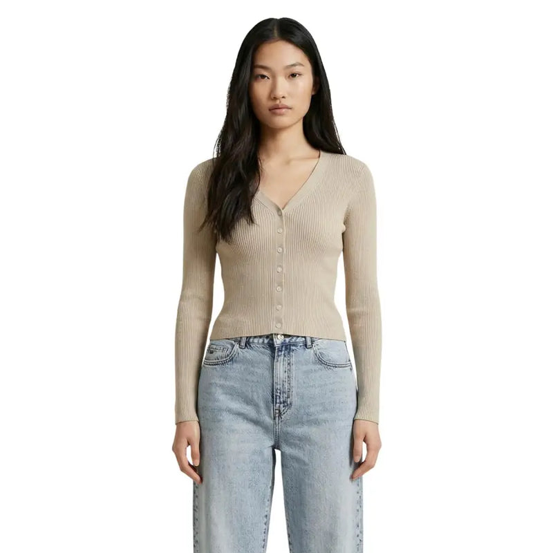 Beige long sleeve v neck cardigan for women made of ribbed knit with front button closure