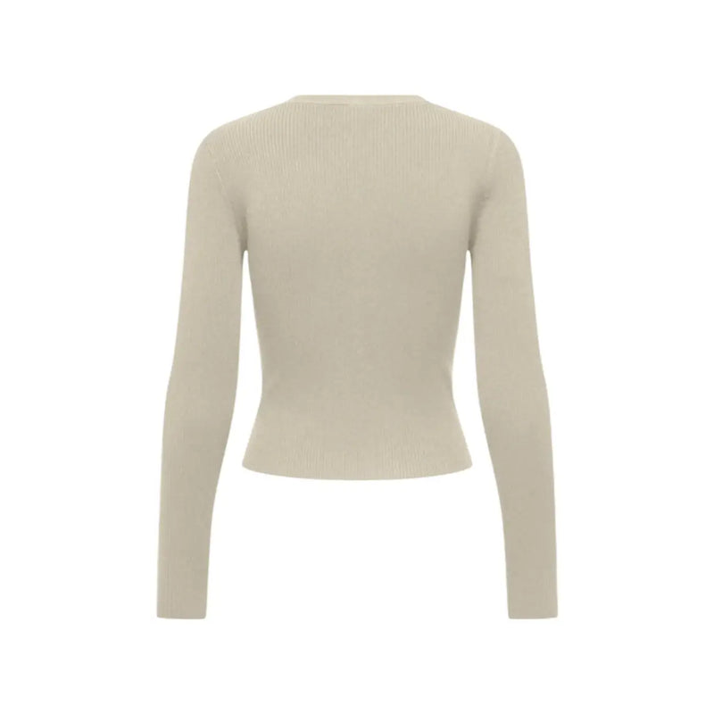 Beige ribbed knit long-sleeved crop top featuring a v neck and button details for women