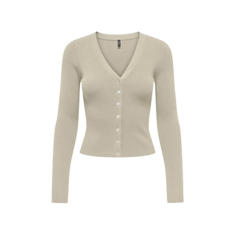 Beige long sleeve v neck button cardigan for women made of ribbed knit material with a button front closure