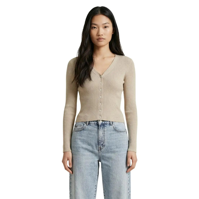 Beige long sleeve v neck cardigan for women made of ribbed knit with front button closure
