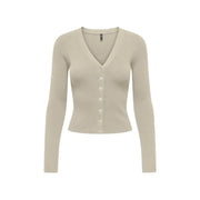 Beigefarbene, langärmlige Strickjacke mit V-Ausschnitt, Knöpfen und Rippstrick für Damen