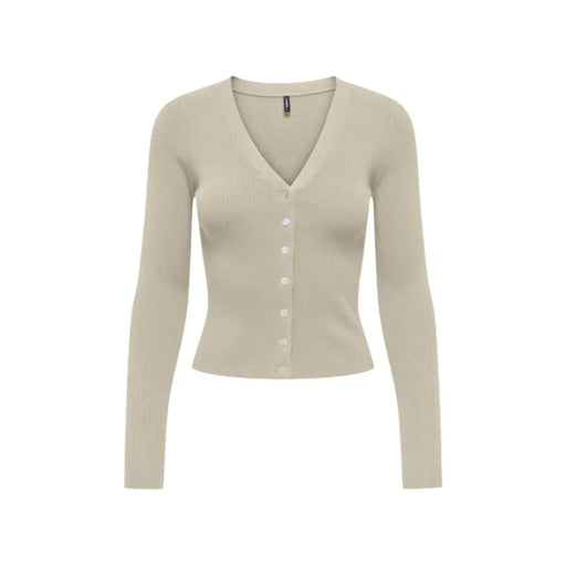 Beige long sleeve v-neck button ribbed knit cardigan for women