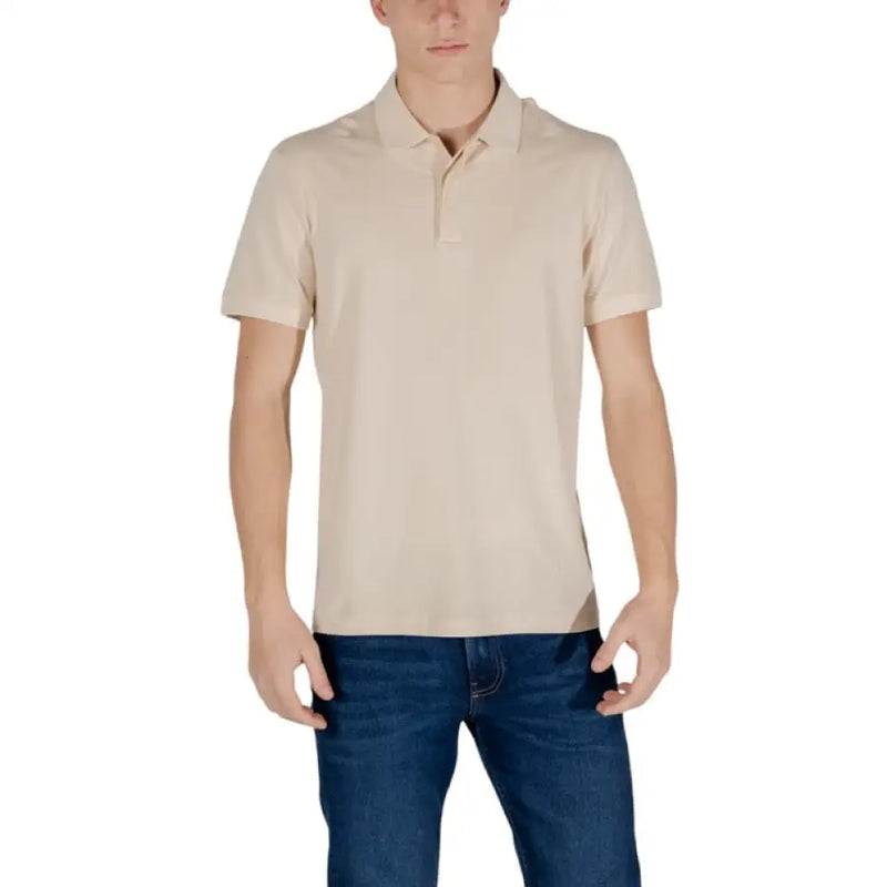 Beige short sleeve polo shirt from EA7 in a comfortable cotton blend fabric